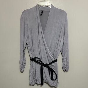 Maurice's Blouse L Gray Faux Wrap Black Tie 3/4 Sleeve V Neck Casual Popover Top